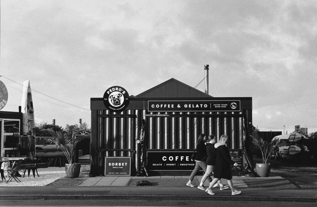 Black and white photograph of Pedros, Kaikōura Beach Road, autumn